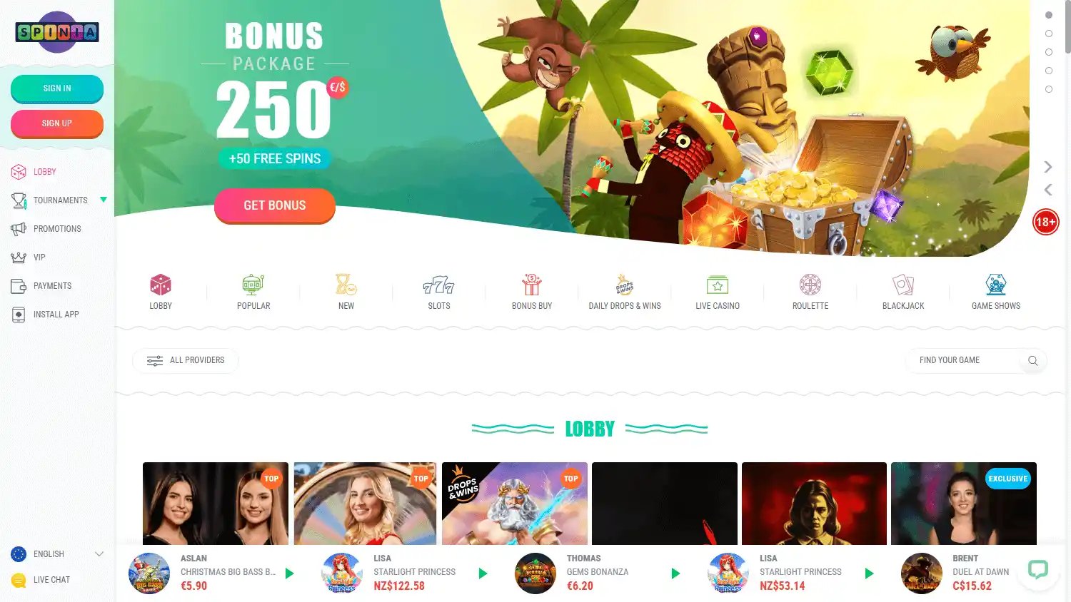 Spinia Casino screenshot 2