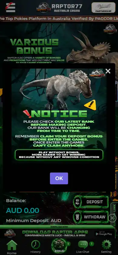 Raptor77 Casino screenshot 3