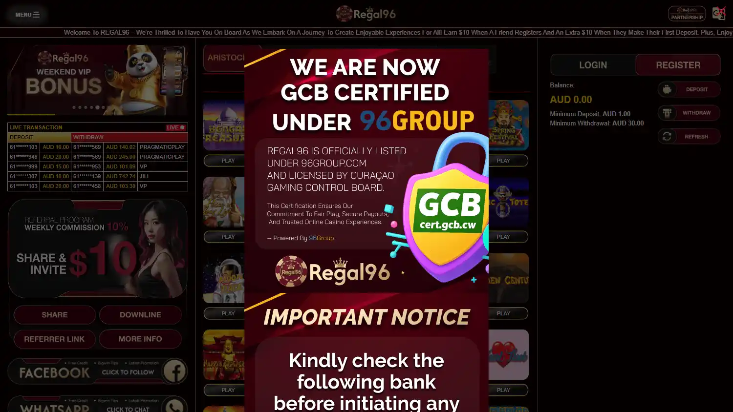 Regal96 Casino screenshot 1