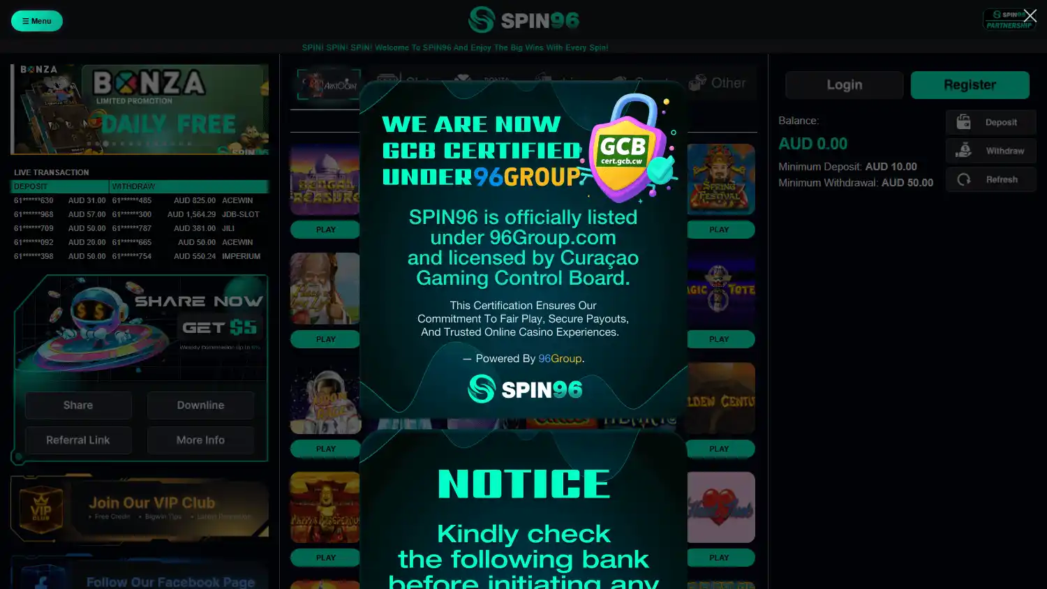 Spin96 Casino screenshot 1
