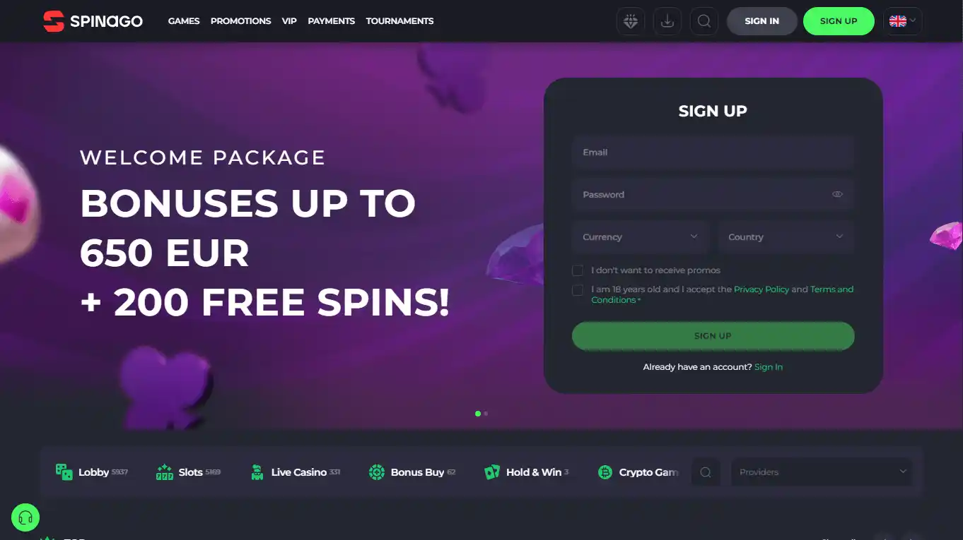 Spinago Casino screenshot 1