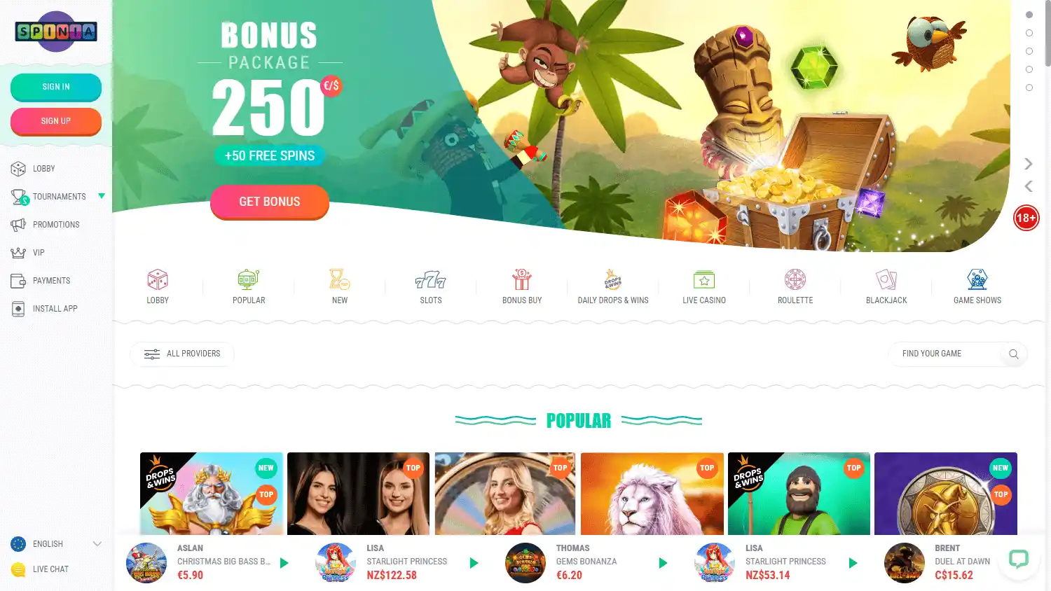 Spinia Casino screenshot 1