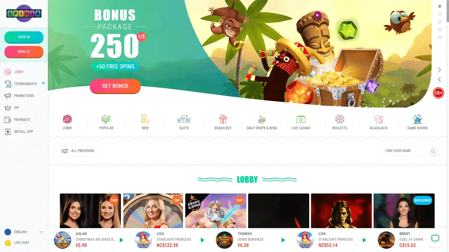 Spinia Casino screenshot 2