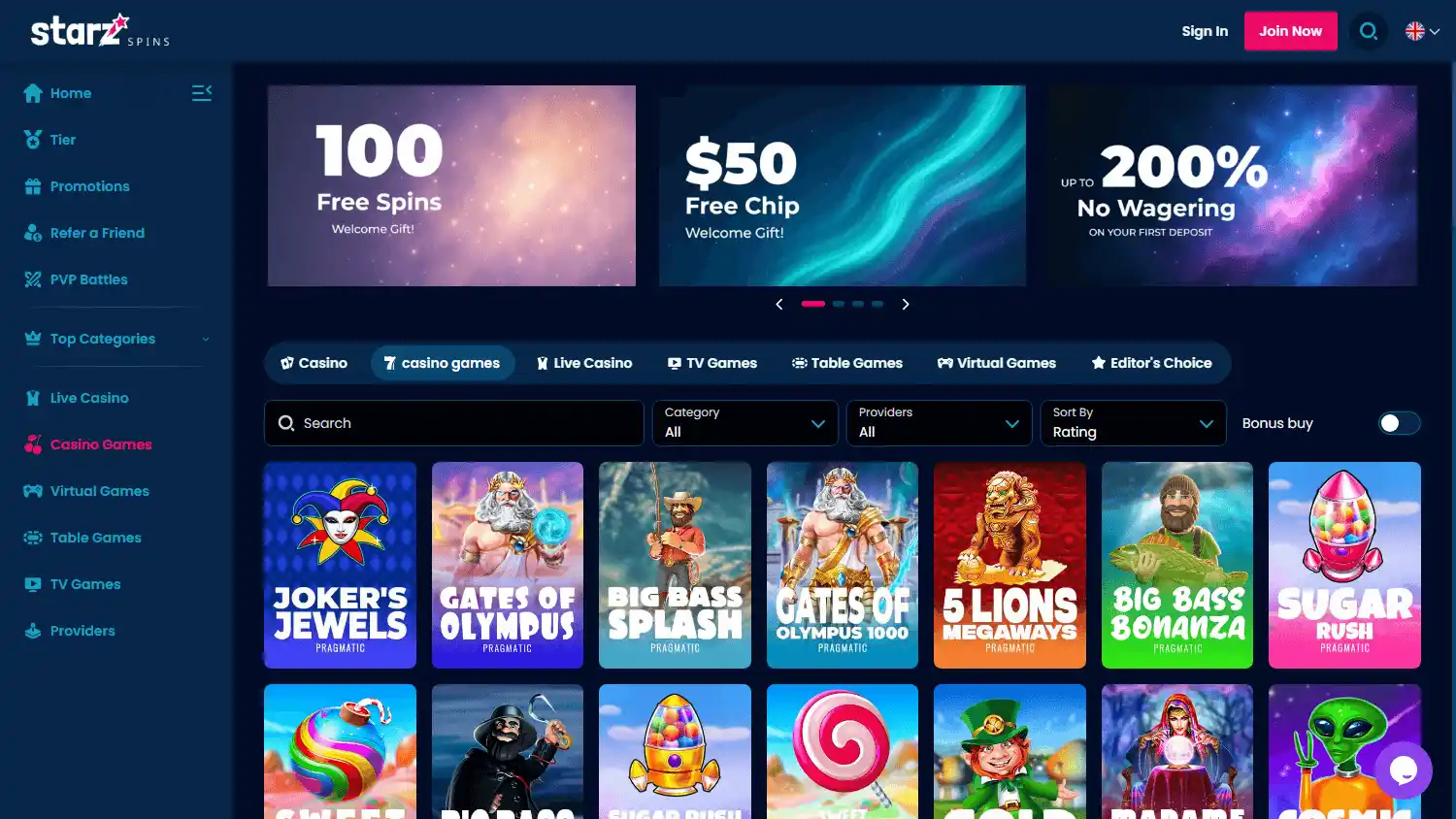 Starz Spins Casino screenshot 2