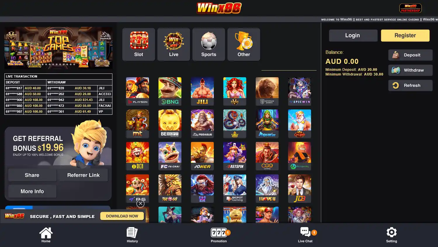 Winx96 Casino screenshot 1